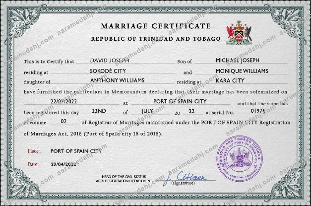 Trinidad and Tobago marriage certificate PSD template